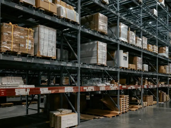 Pallet racking stacked with cartons in a distribution warehouse